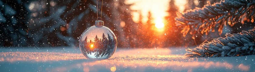 Naklejka premium Capturing the magic of festive baubles reflecting a winter wonderland in pine forests
