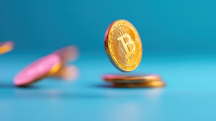 Golden bitcoins floating above a stack on a vibrant blue background during a financial exploration