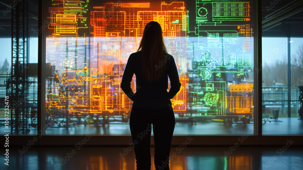 Poster scientist observing holographic display with vibrant data visualizations, showcasing advanced techno