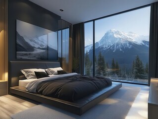 modern loft bedroom with sleek design, featuring large windows showcasing a breathtaking mountain view, blending comfort with nature and tranquility in a stylish setting