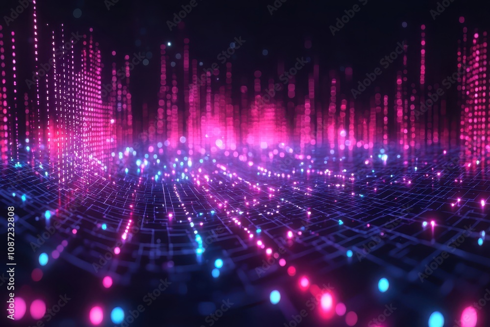 Poster visualize financial data analyzing neon market graphs in a digital environment for insightful trends