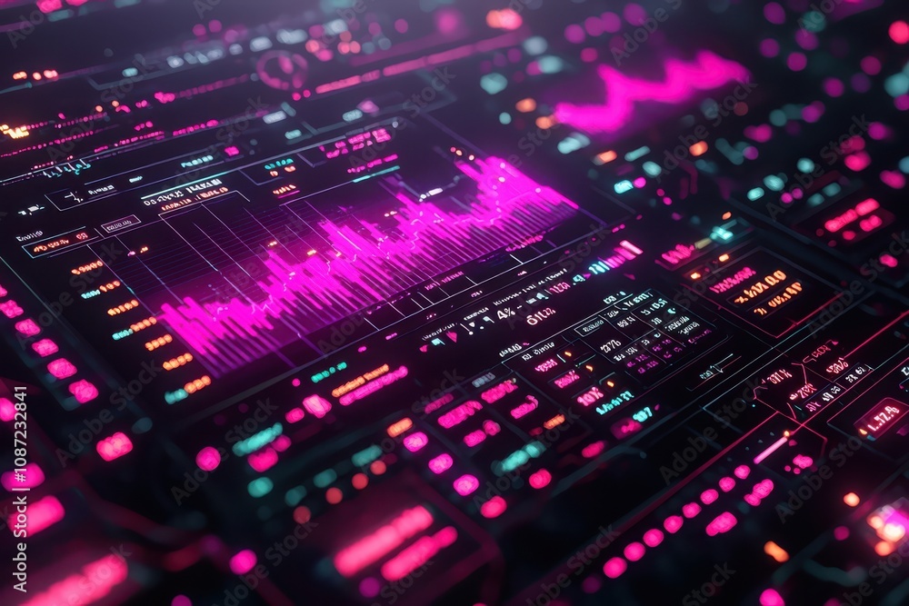 Poster visualizing financial data analyzing digital market trends through neon graphs in a dynamic environm