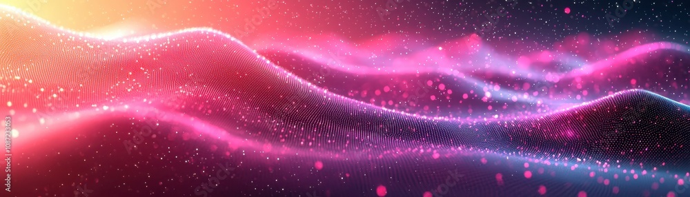 Poster illuminated particles flowing through a digital landscape virtual space animation abstract environme