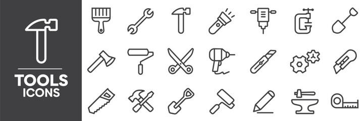 Tools Icons Set, Containing All Tools Icons Outlines, Vector Illustration Collection Editable eps10