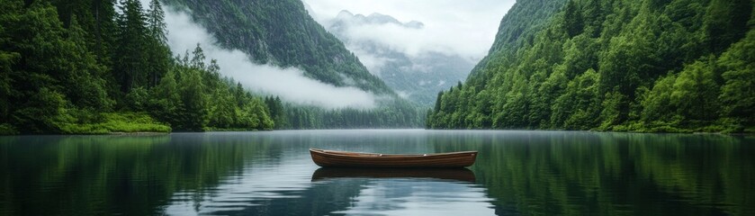 Fototapeta premium Tranquil lake surrounded by lush green mountains and fog, perfect for nature lovers and peaceful getaways.