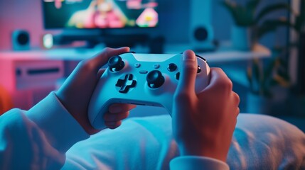 A person is playing a video game in a dimly lit room with a controller in their hands