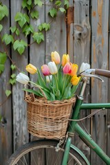 A Illustration of a vintage Bicycle with a beautiful spring like Flower Bouquet. Perfect for Spring Inspired Content. 