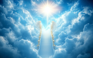 Heaven with pearly gates open, golden ornaments, white stairs ascending through clouds, sunbeams shining, welcoming to paradise