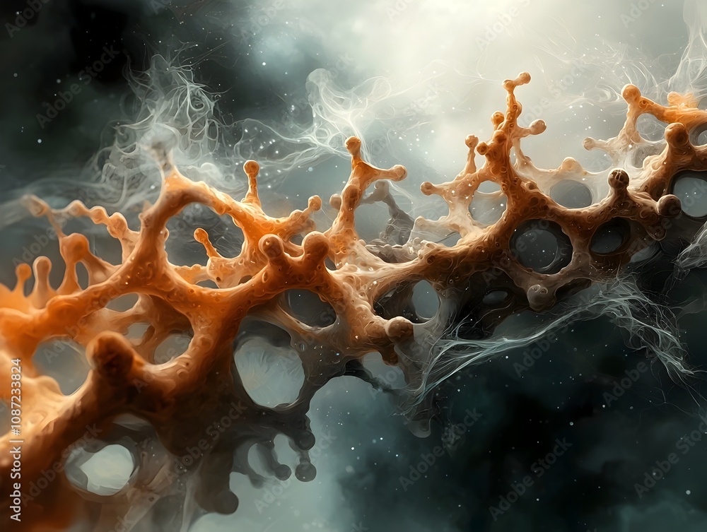Poster captivating interpretation of a molecular ecosystem with intricate lattices pulsing energy beams and