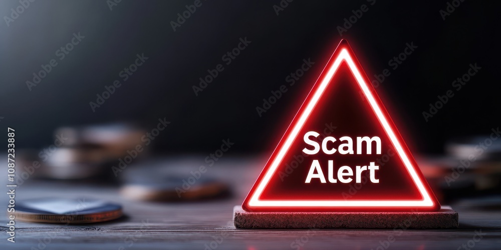 Poster a triangular warning sign illuminated in red, displaying the words 