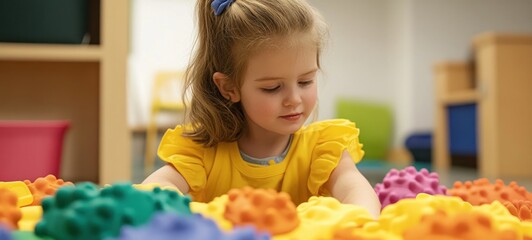 Fototapeta premium Little Girl Playing with Colorful Sensory Toys in a Playroom