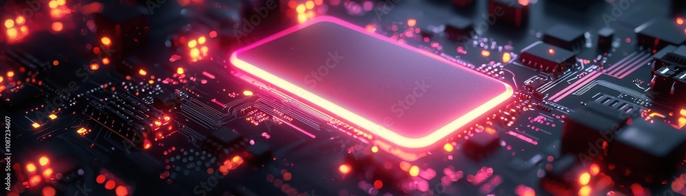 Poster exploring futuristic circuit architecture glowing geometric forms in a digital environment from a te