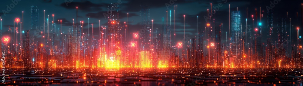 Poster exploring futuristic circuit architecture in urban landscapes with glowing geometric forms
