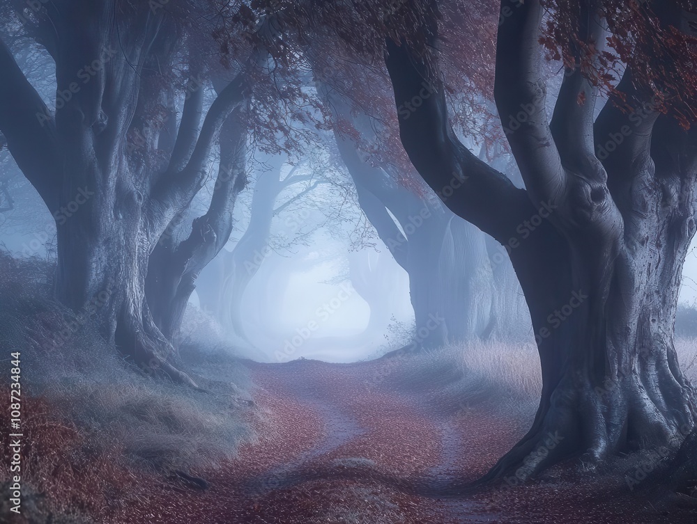 Poster mysterious misty path meandering through an ancient forest of towering trees, shrouded in fog, creat