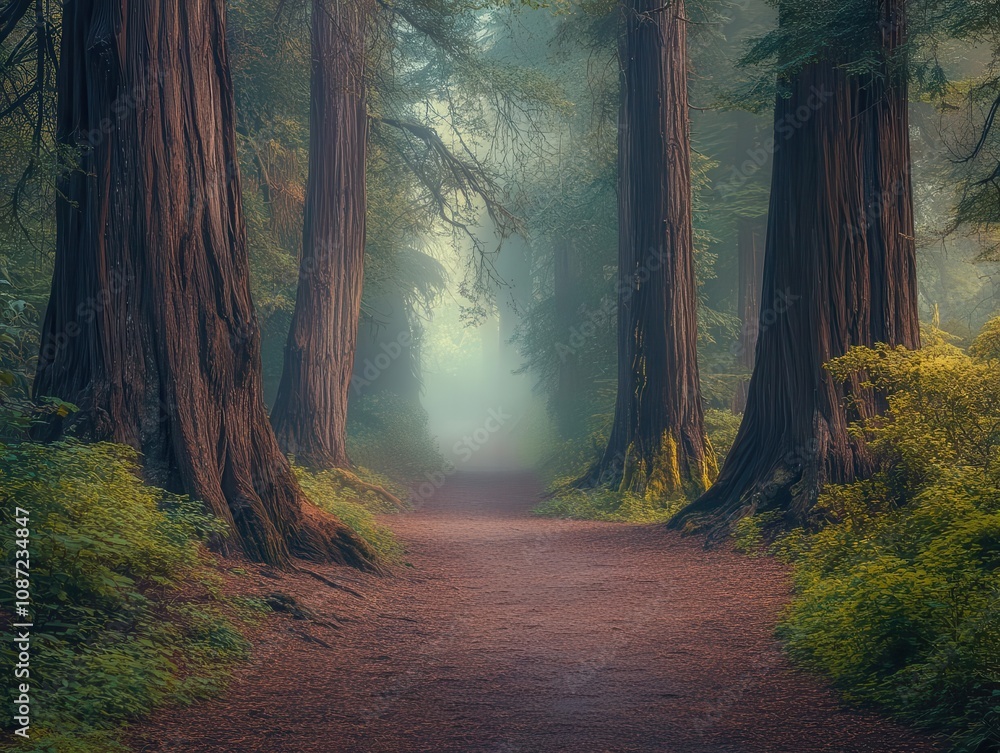Poster mysterious misty path meandering through an ancient forest of towering trees, shrouded in fog, creat