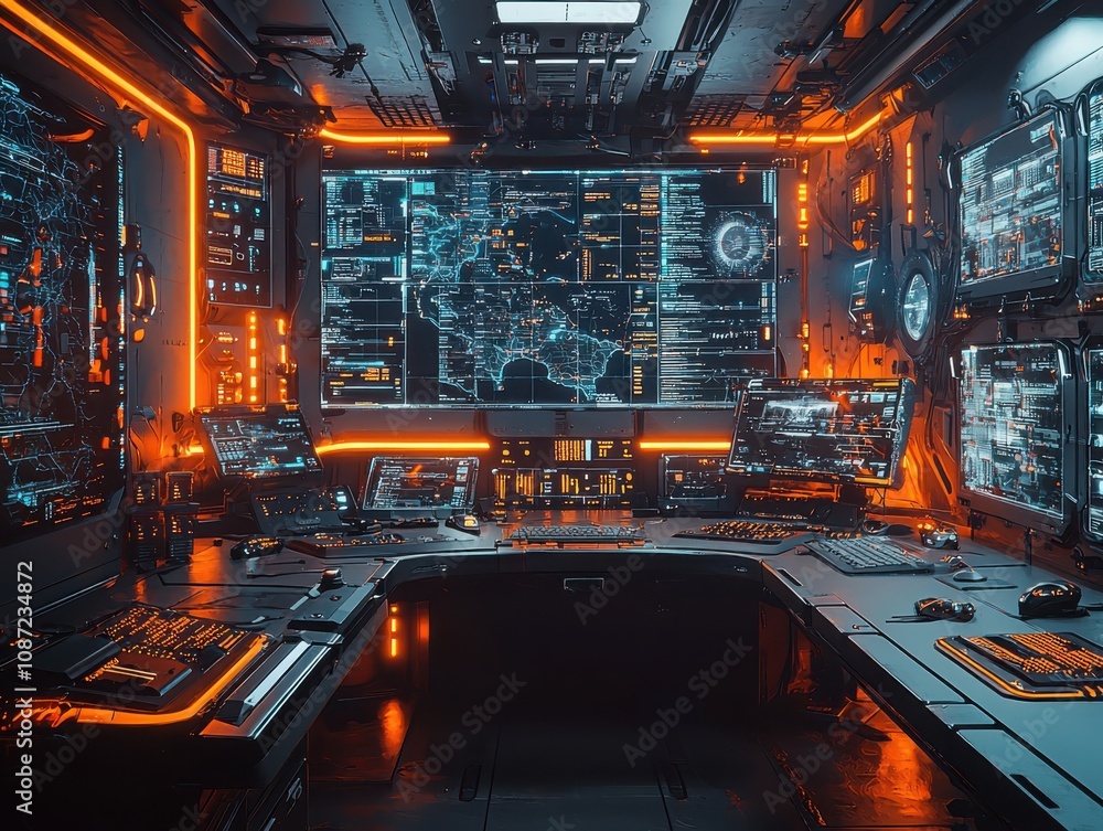 Poster enhancing future operations futuristic command center digital space multimedia display high-tech env