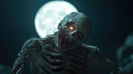 A decaying skeleton with one glowing eye stands eerily in front of a full moon, exuding an atmosphere of horror and mystery in a cryptic night setting.