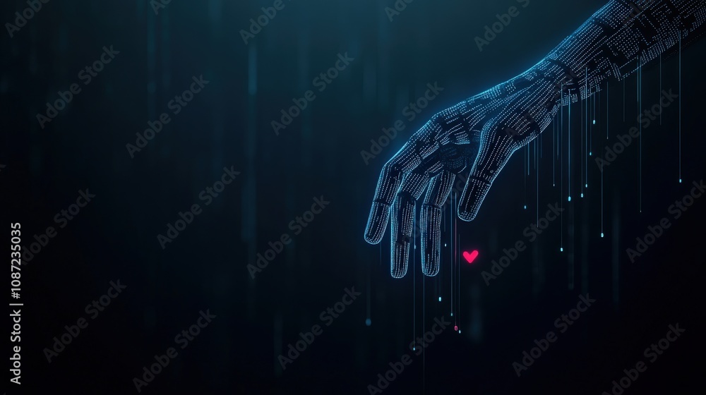 Poster Digital representation of a futuristic hand reaching out, symbolizing connection and emotion in a technology-driven world, with a glowing heart and binary patterns