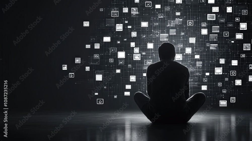 Poster Contemplative Individual Surrounded by Digital Icons Representing Technology, Communication, and Information Systems in a Modern and Abstract Environment