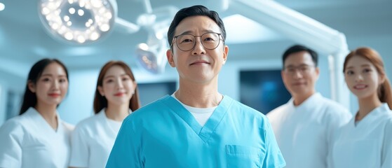 A professional Korean dental team poses in a modern clinic, showcasing their expertise and friendly approach. Ideal for healthcare and dental services imagery.