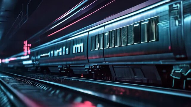 Futuristic train with a bitcoin logo is leaving a station. The train is passing by the camera in a dark and cinematic environment