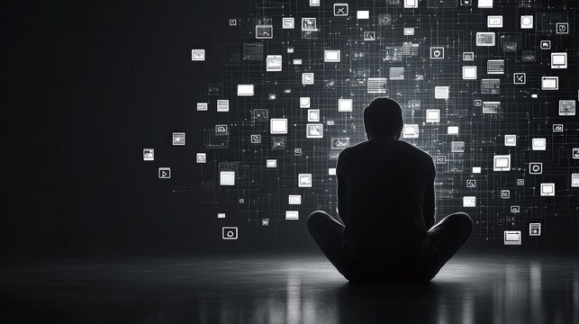 Contemplative Individual Surrounded by Digital Icons Representing Technology, Communication, and Information Systems in a Modern and Abstract Environment