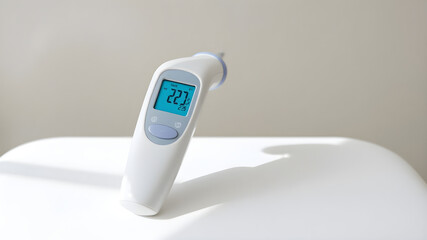 Ear and Forehead Thermometer Dual digital thermometer placed on the patient's side table.