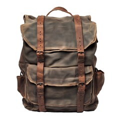 Vintage Canvas Rucksack with Leather Straps and Multiple Pockets