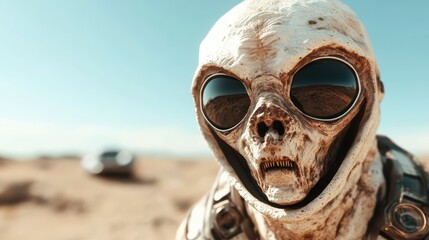 A skeletal alien with dark goggles stands in a desert, exuding an intense and curious aura. A distant vehicle is visible, adding mystery to the scene.