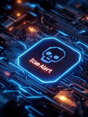 A digital circuit board displays a glowing "Scam Alert" message, indicating a warning for a potential scam or cyber threat.