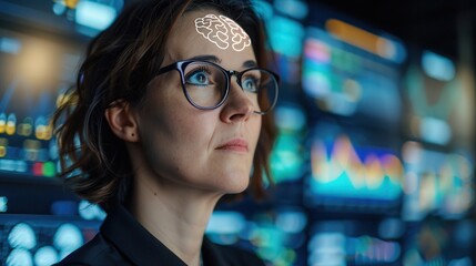 Neurotechnology and Brain-Computer Interfaces. Woman analyzing data with digital overlay