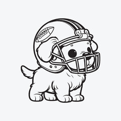 An illustration of a puppy wearing a football helmet as a simple line drawing with no shading in a coloring book style.