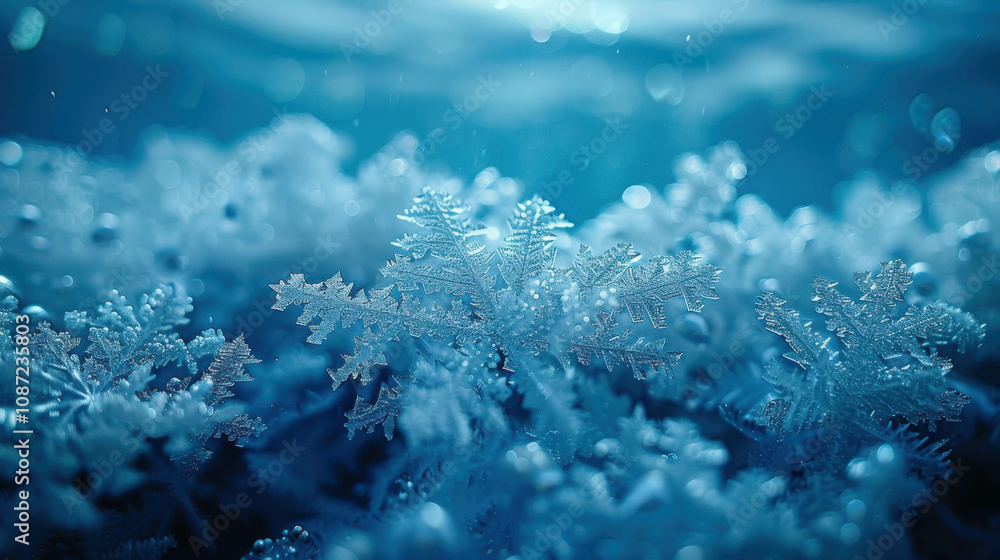 Poster a close up of snowflakes on a blue background. the snowflakes are small and scattered, creating a se