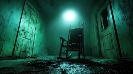 An abandoned, old wheelchair sits ominously in a decaying, dark hallway filled with an eerie, haunting light that evokes feelings of desolation and mystery.