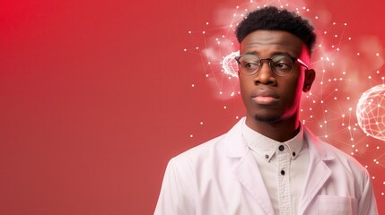 Obraz premium Neurotechnology and Brain-Computer Interfaces. Young scientist in lab coat with creative background