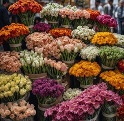 Fototapeta premium Bouquets of fresh flowers displayed on a market stall.