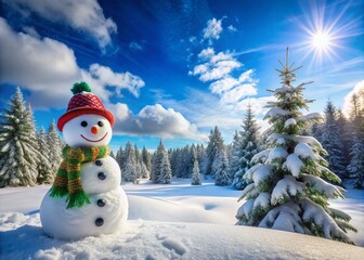 Fototapeta premium Serene Winter Scene Featuring a Cheerful Snowman Amidst a Snowy Landscape with Pine Trees and a Blue Sky, Perfect for Holiday Themes and Seasonal Decor