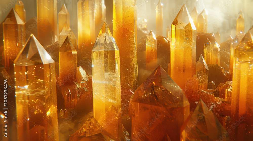 Poster a bunch of yellow crystals are shown in a close up. the crystals are all different sizes and shapes,