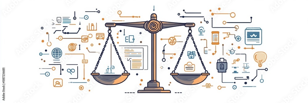 Poster the scales of justice are illustrated alongside various digital icons representing technology, law, 