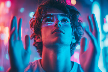 Exploring the digital realm Young man curiously interacts with virtual space