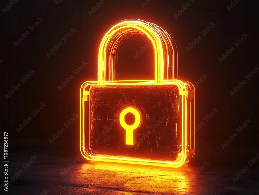 Poster neon lock symbol glowing against a dark, digital background, representing security and technology, w