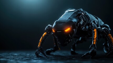 A mechanical ant exhibits glowing eyes and a dark metallic body, presenting the intersection of biological inspiration and technological craftsmanship.