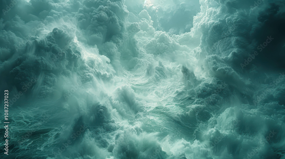 Poster a large wave crashing into the ocean, with the water and sky blending together to create a sense of 