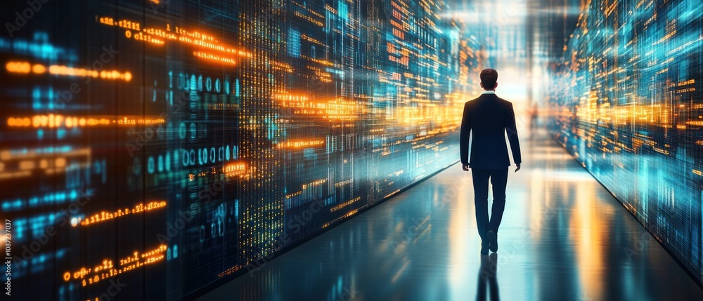 Poster a figure walking through a futuristic corridor filled with digital data streams.