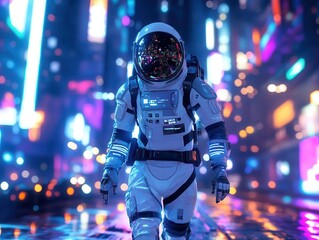 Naklejka premium neon-lit cyberpunk astronaut striding through a glowing urban landscape at night, wearing a hyper-realistic suit that reflects the vibrant city lights and futuristic vibes