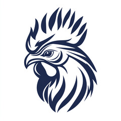 Logo design, a navy blue line art of a rooster's head