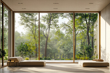 Contemporary Meeting Space with Expansive Windows and Customizable Screen Mockup