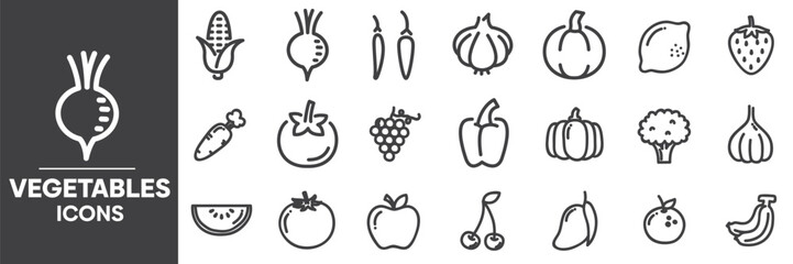 Vegetables Icons Set, Containing All Vegetables Signs Icons Outlines, Vector Illustration Collection Editable eps10
