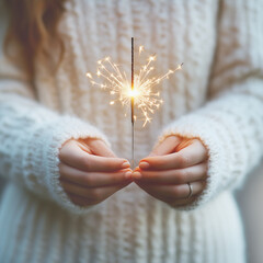 Female hands in white pullover hold a sparkler, close up