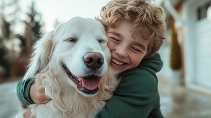 A young child overwhelmed with joy hugs his fluffy dog tightly, capturing a heartening moment of true bliss and companionship in an everyday suburban setting.